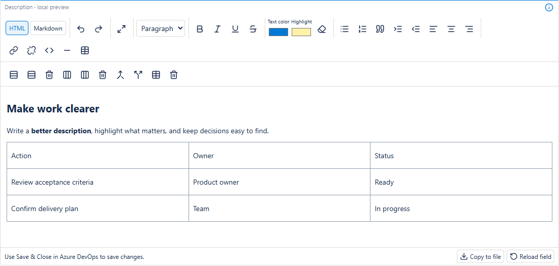 Better Editor HTML toolbar with text formatting, table controls, and an action table