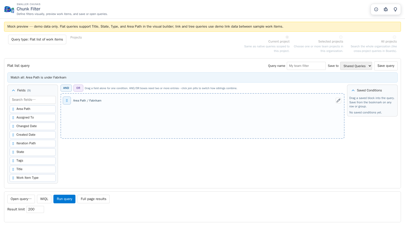 Filter visual query builder with an Area Path condition and And/Or query canvas