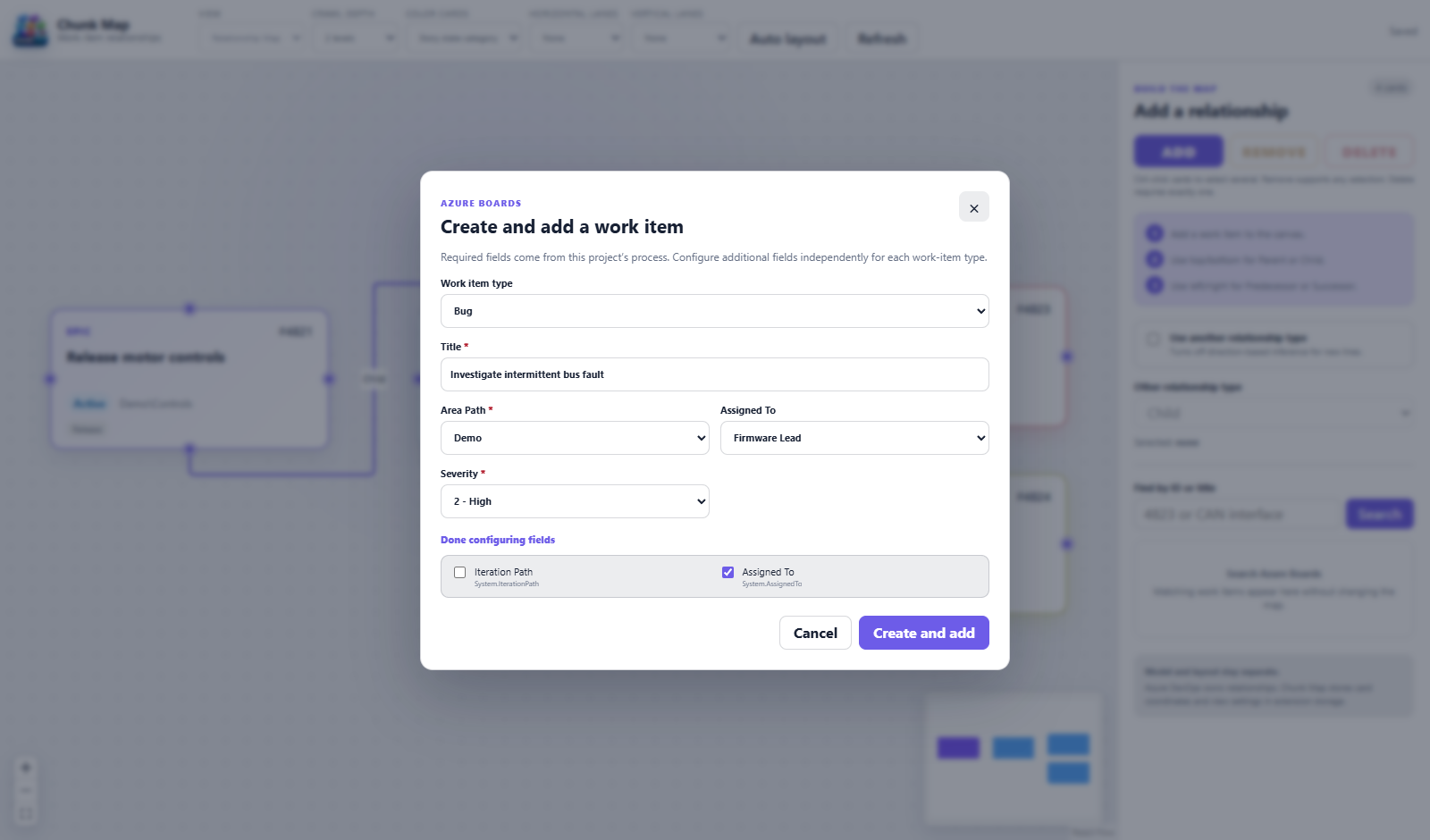 Chunk Map create-work-item form showing project-required fields and configurable fields for a Bug