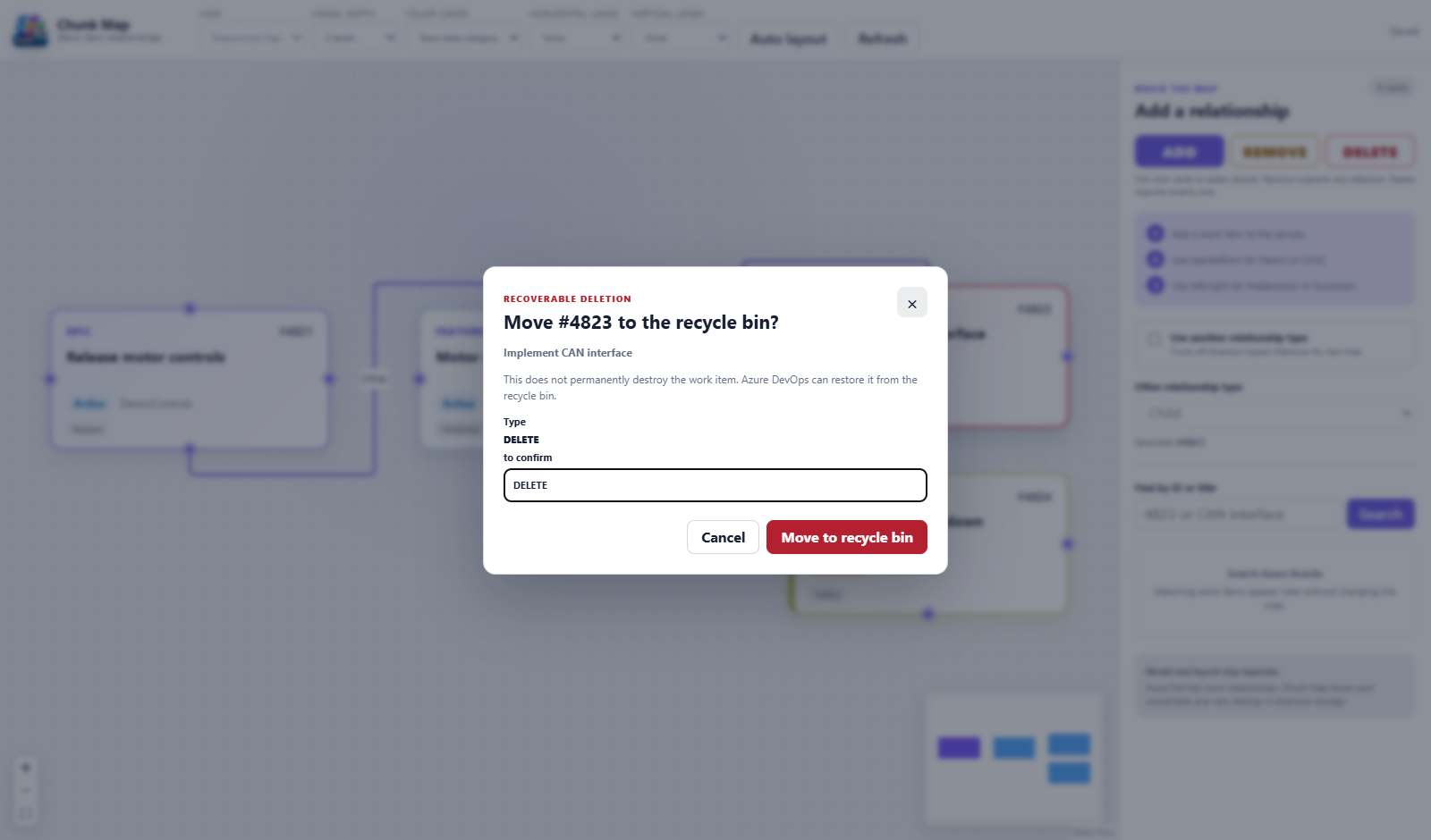 Chunk Map guarded delete dialog requiring DELETE confirmation before moving one selected work item to the Azure DevOps recycle bin