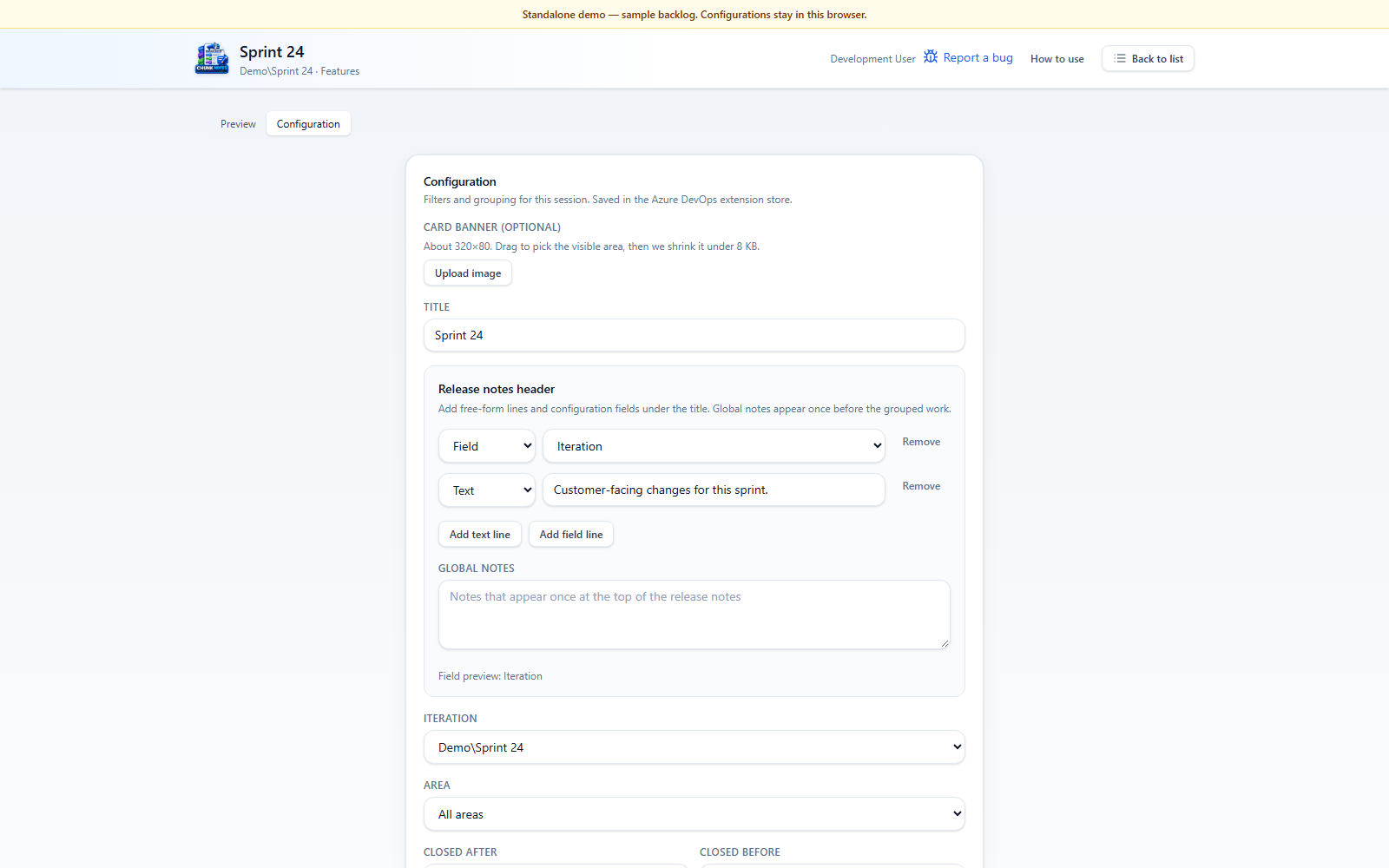 Chunk Notes demo configuration showing the release title, header editor, iteration, and area