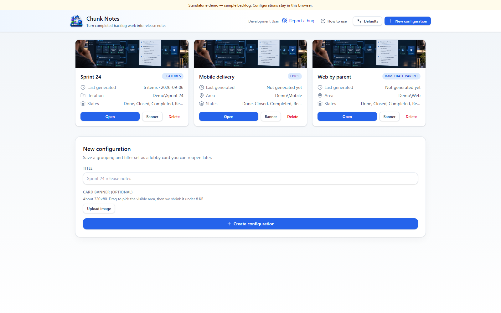Chunk Notes demo lobby showing saved release configurations