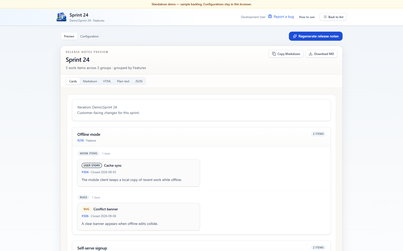Chunk Notes demo preview showing feature-grouped release notes and copy and download controls