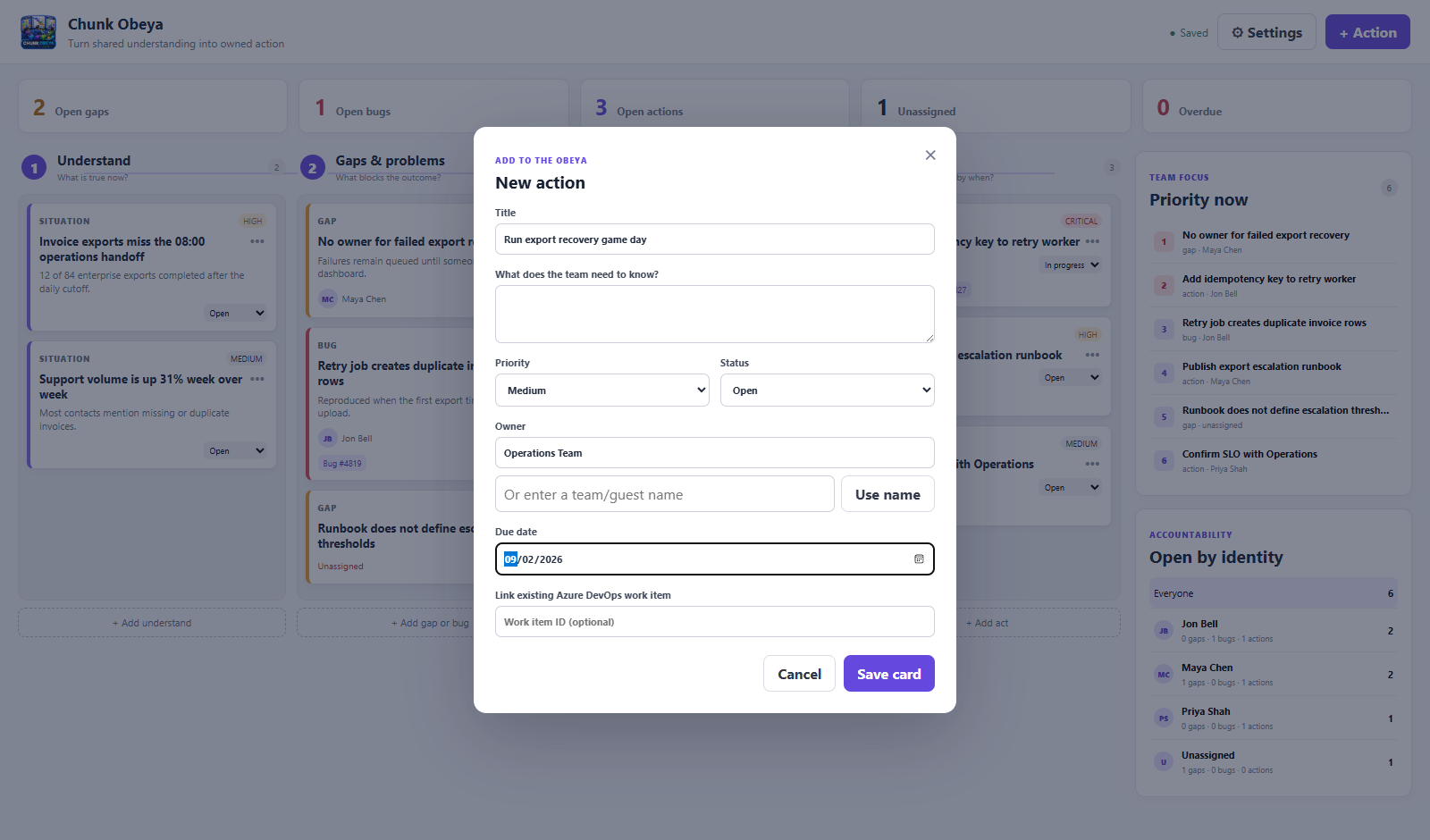 Chunk Obeya working demo assigning an owner and due date to a new action