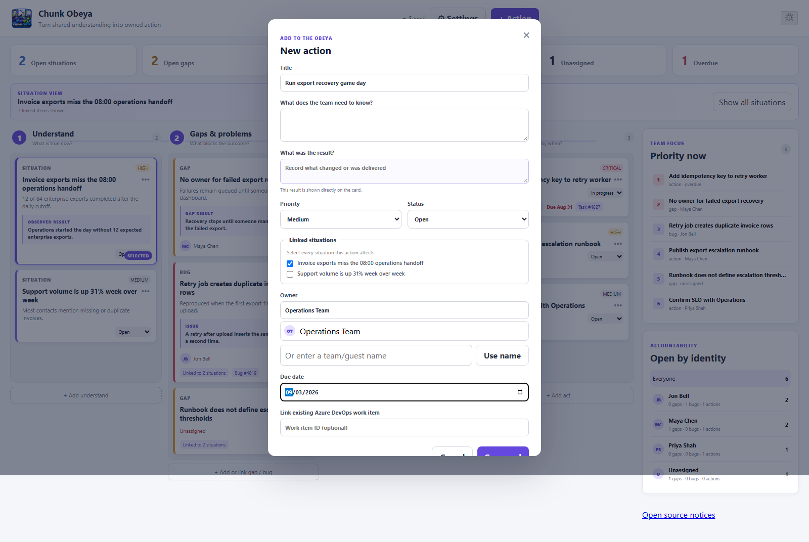 Chunk Obeya working demo assigning an owner and due date to a new action