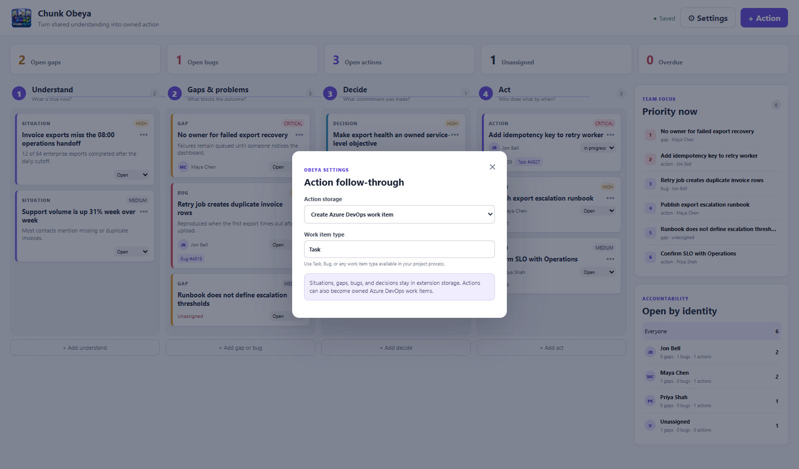 Chunk Obeya settings for creating linked Azure DevOps work items from actions