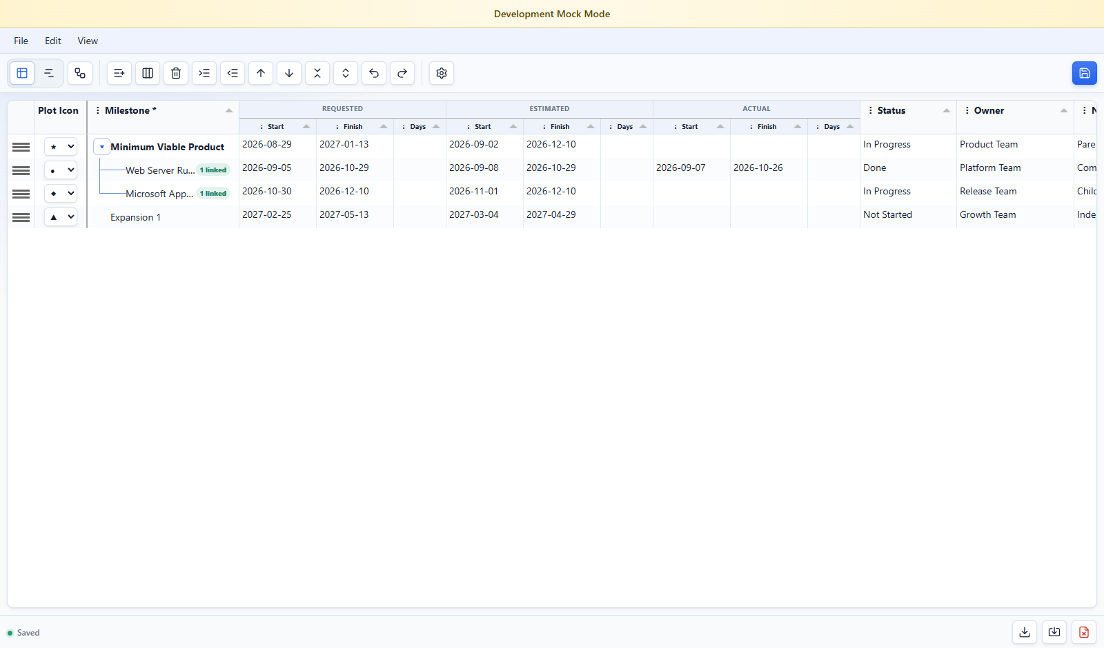 Chunk Plan spreadsheet showing a parent milestone and child milestones with requested, estimated, and actual dates