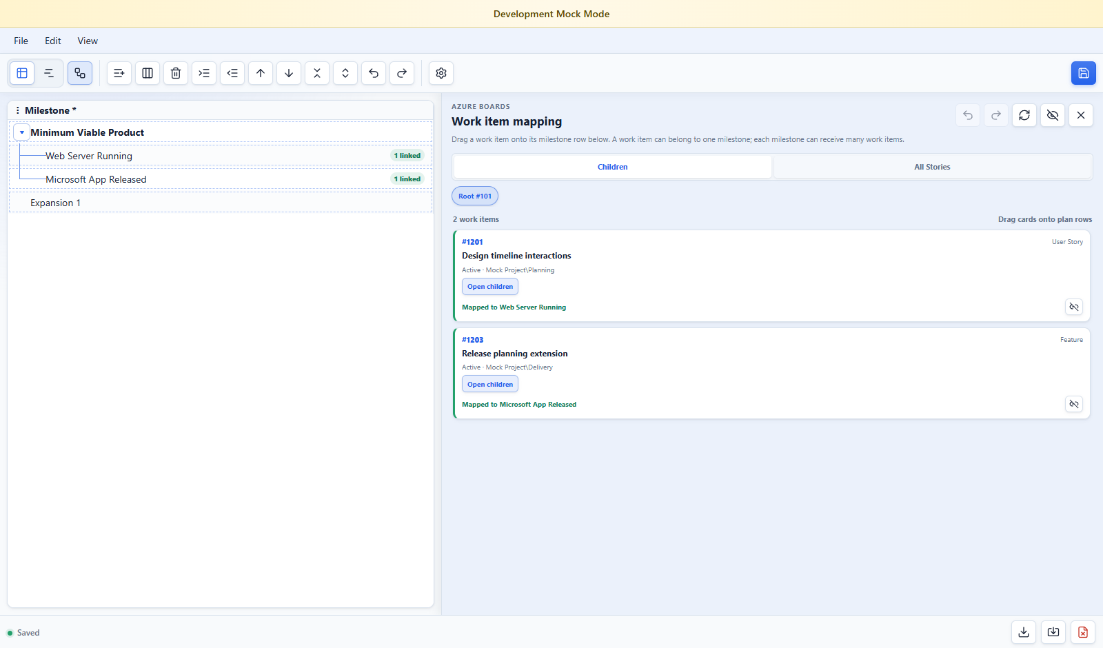 Chunk Plan work item mapping view connecting Azure Boards work items to planning milestones
