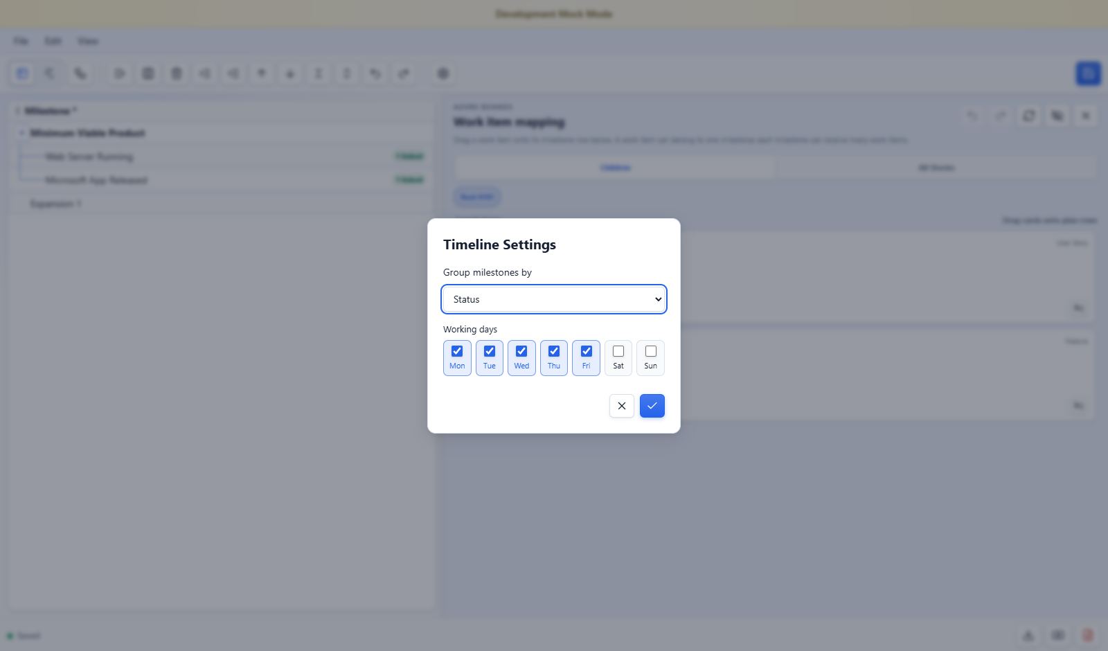 Chunk Plan timeline settings for choosing milestone grouping and the team’s working days