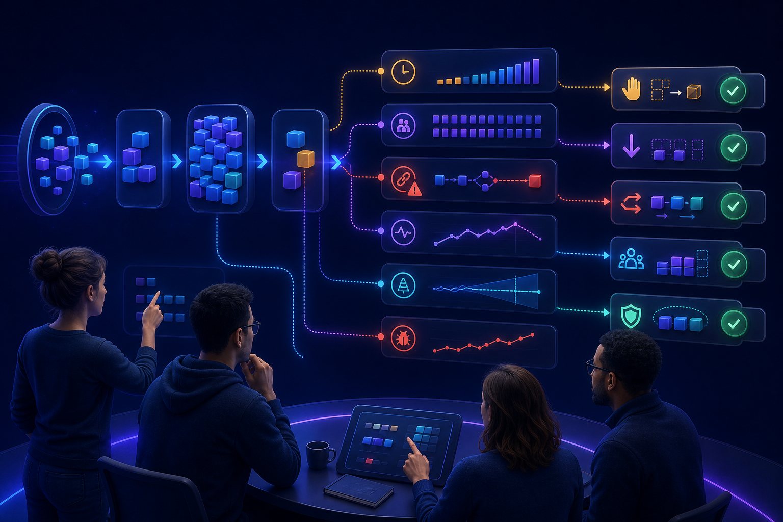 A delivery team uses one transparent flow view to see aging work, overload, blocked dependencies, cadence changes, forecast drift, and rising bugs, with each signal connected to a corrective decision