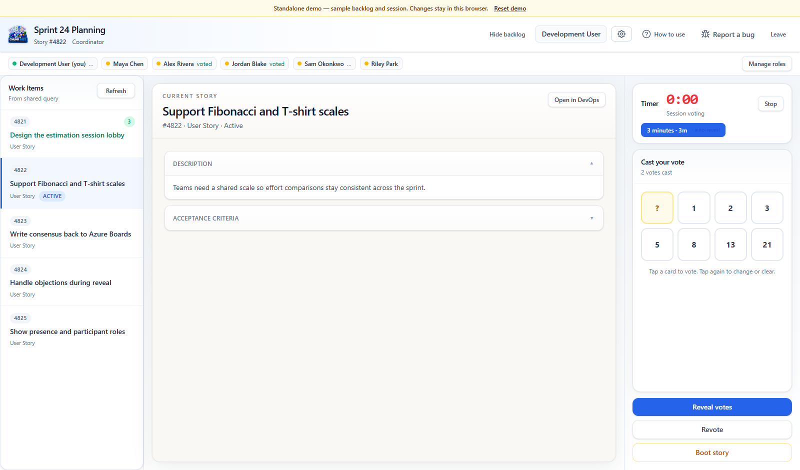 Chunk Size demo showing the backlog, current story, participant votes, timer, and estimation cards