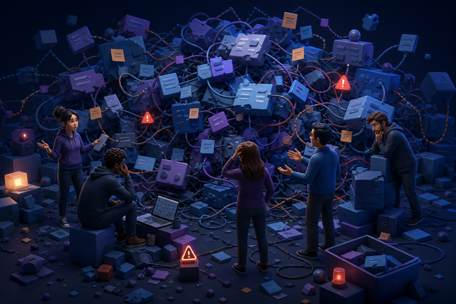 A delivery team struggles in front of oversized tangled work, hidden dependencies, conflicting priorities, and unfinished fragments