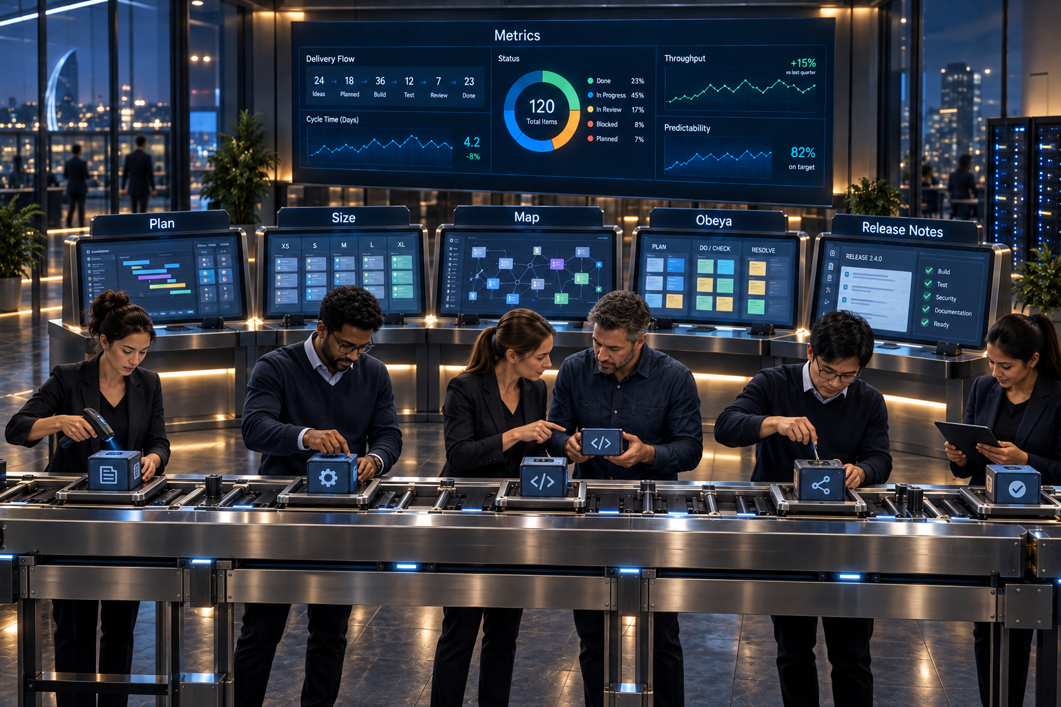 Workers collaborate around a foreground assembly line carrying small work chunks, with Plan, Size, Map, Obeya, and Release Notes stations behind them and a Metrics dashboard above