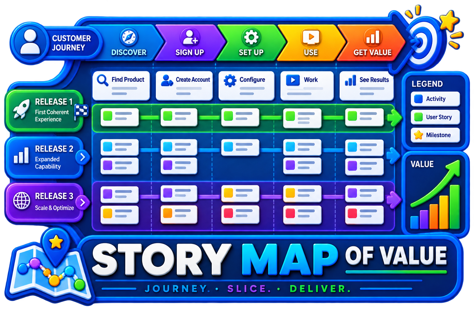 Story Map of Value showing a customer journey backbone, activities, user stories, and three coherent release slices