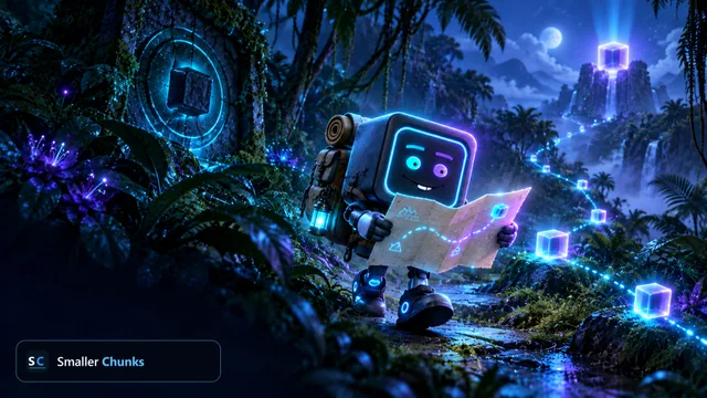 Guide holding a map while traveling through a luminous jungle